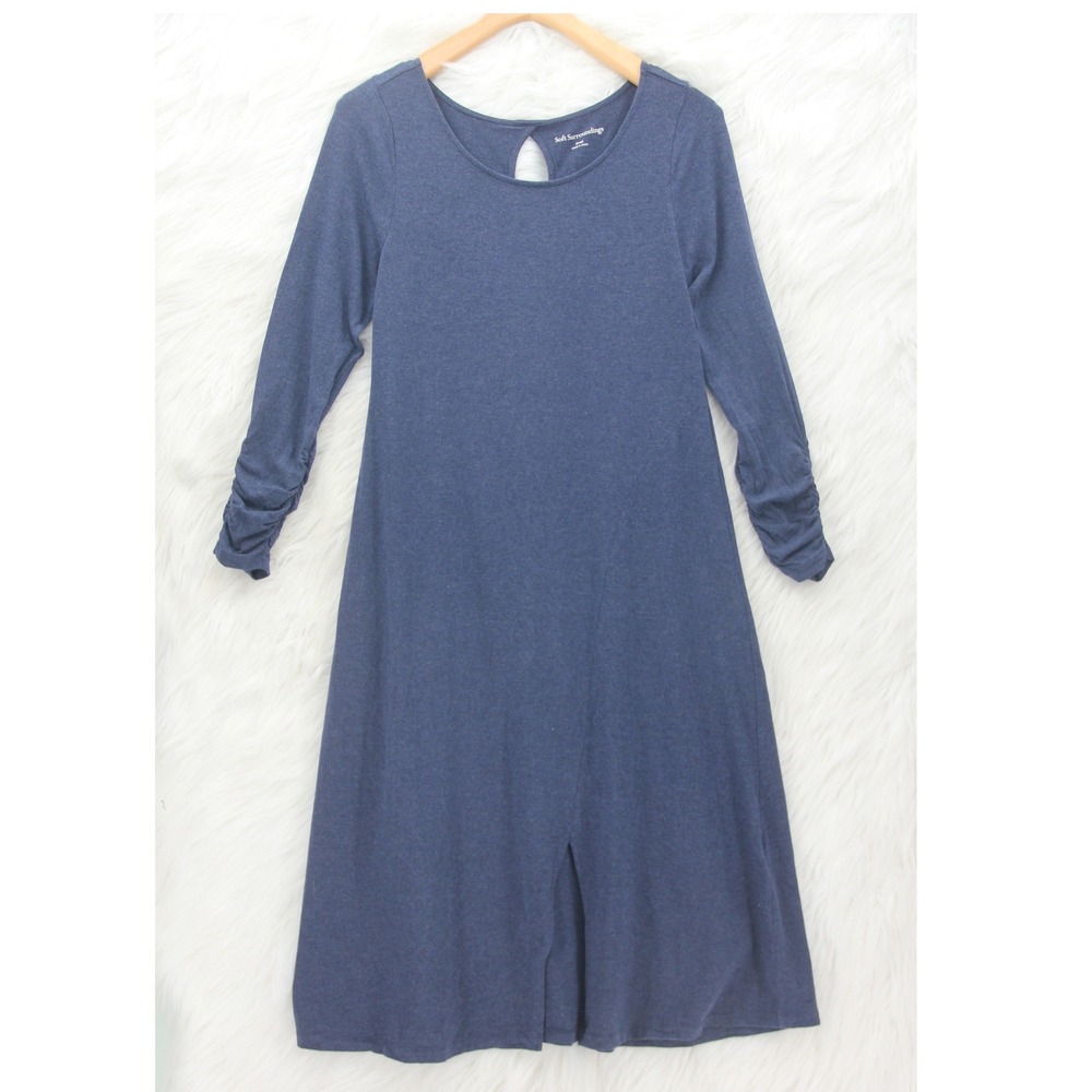 Soft Surroundings Annette Dress Womens S Blue Ruched Sleeve Minimalist Modest
